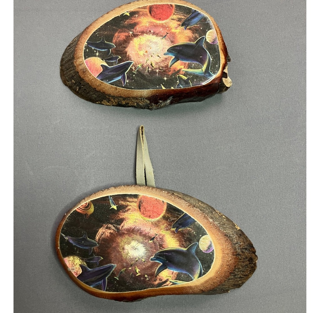 Dolphins in Space Metallic Foil Art on Wood Log‎ Slice Made in USA Set